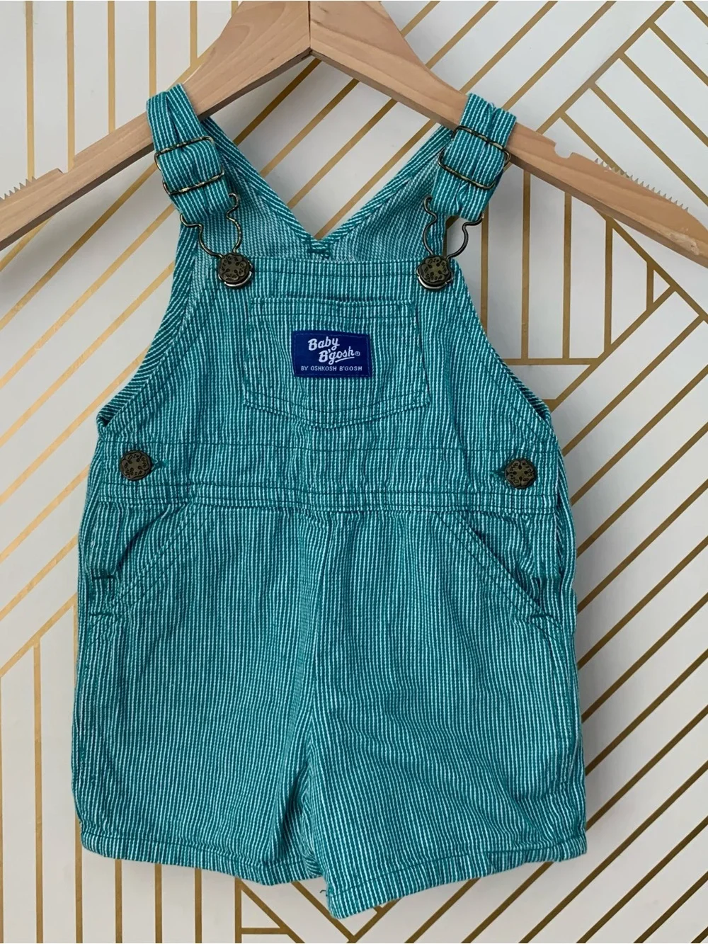OshKosh B'gosh vintage 100% Cotton Hickory Stripe Vestbak Overall Teal White 18M